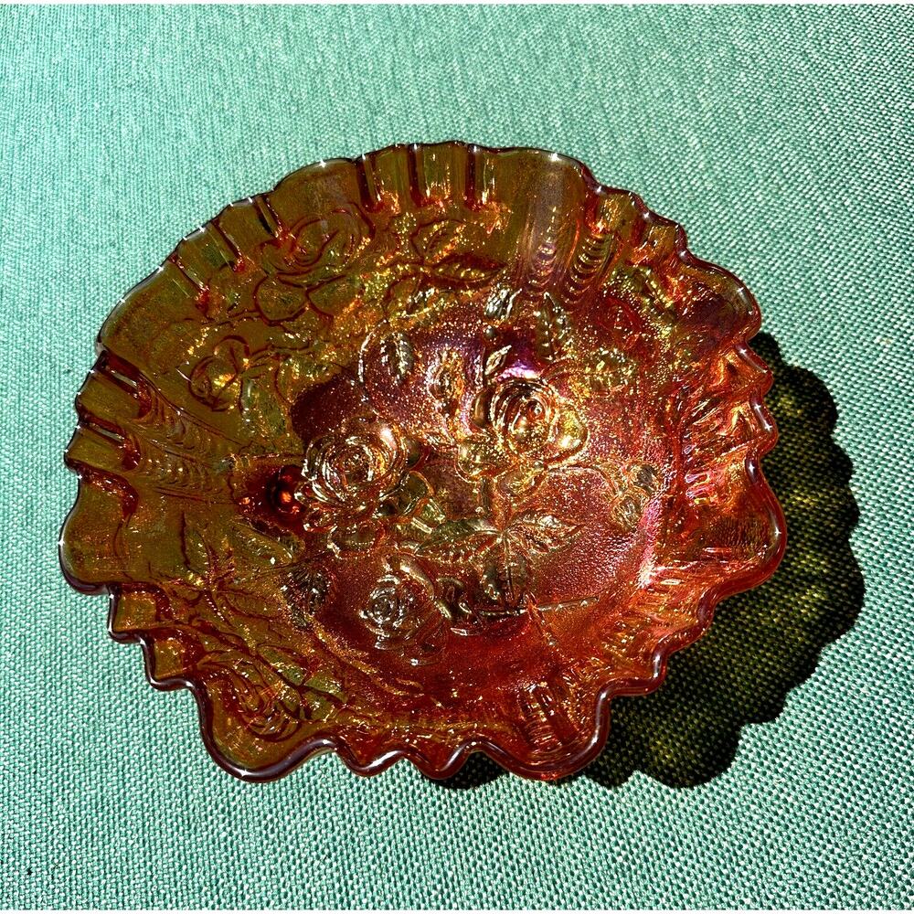 Imperial Lustre Rose Marigold 3-Toed Footed Ruffled Rim Carnival Glass Bowl 8”